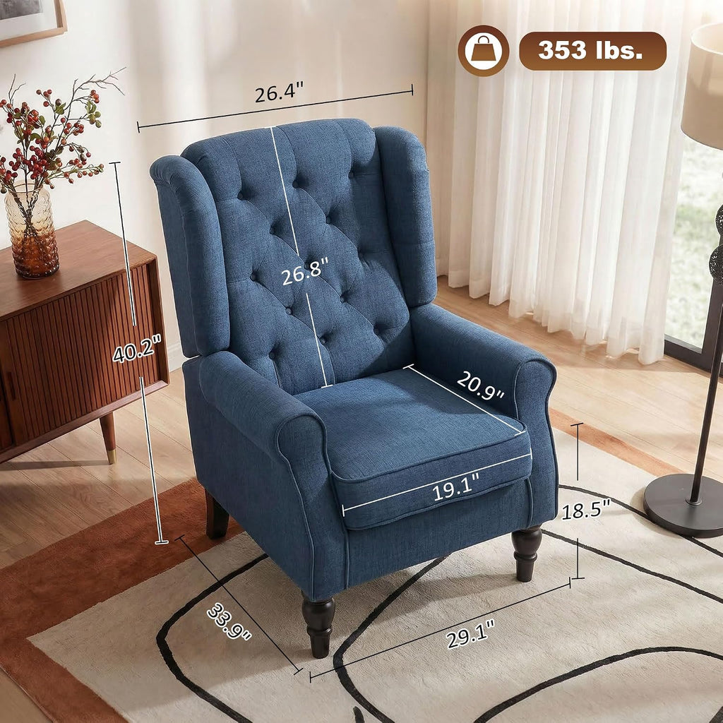 HOMCOM Mid-Century Modern Accent Chair, High Wingback Reading Chair, Blue | Button-Tufted, Upholstered Fabric, Retro Wood Legs, Apartment, Living Room, Bedroom