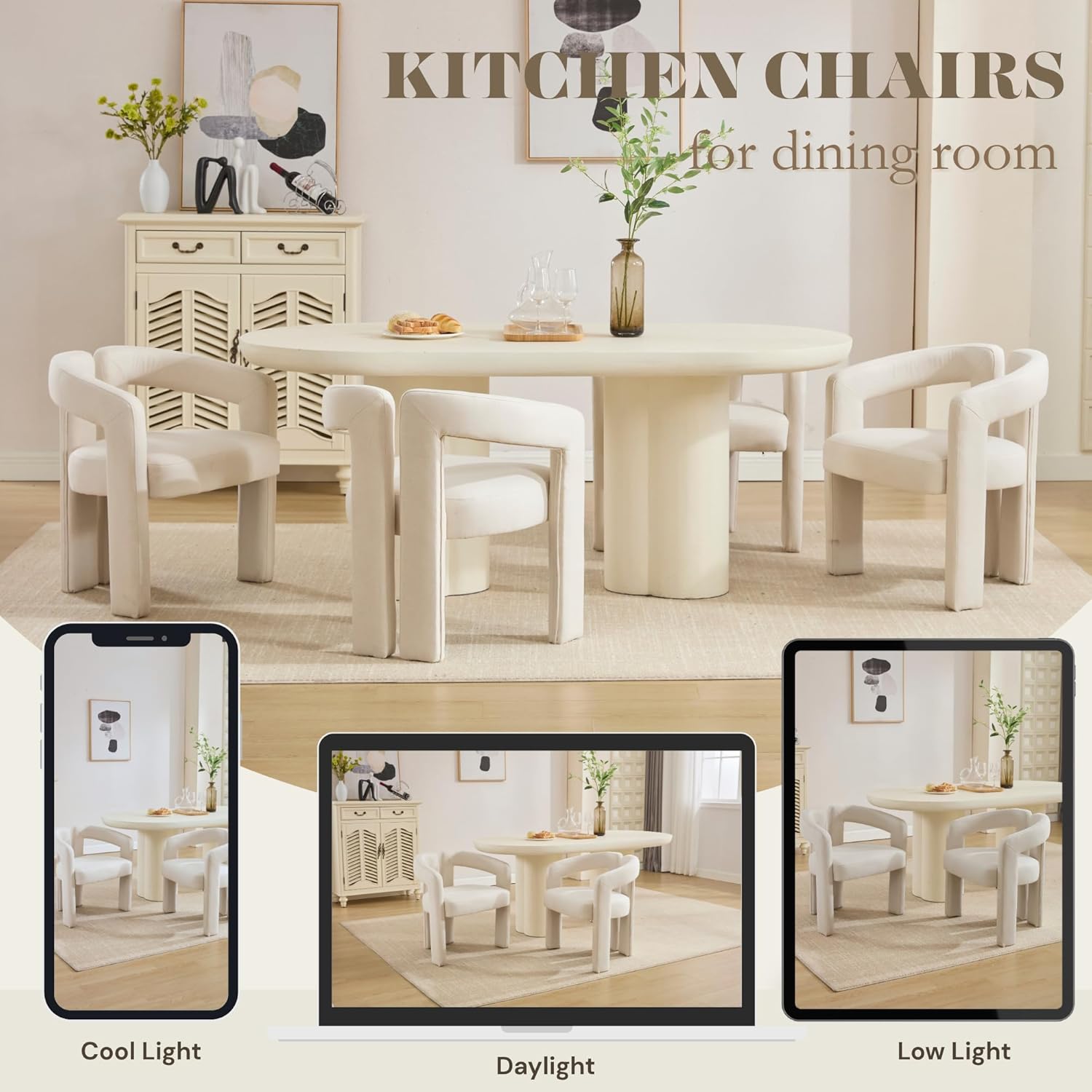 Hyfirm Upholstered Linen Barrel Dining Chairs Set of 6, Modern Accent Kitchen Chairs with Arms Comfy Side Chairs with Arms for Dining Room Bedroom Vanity Reception, Beige
