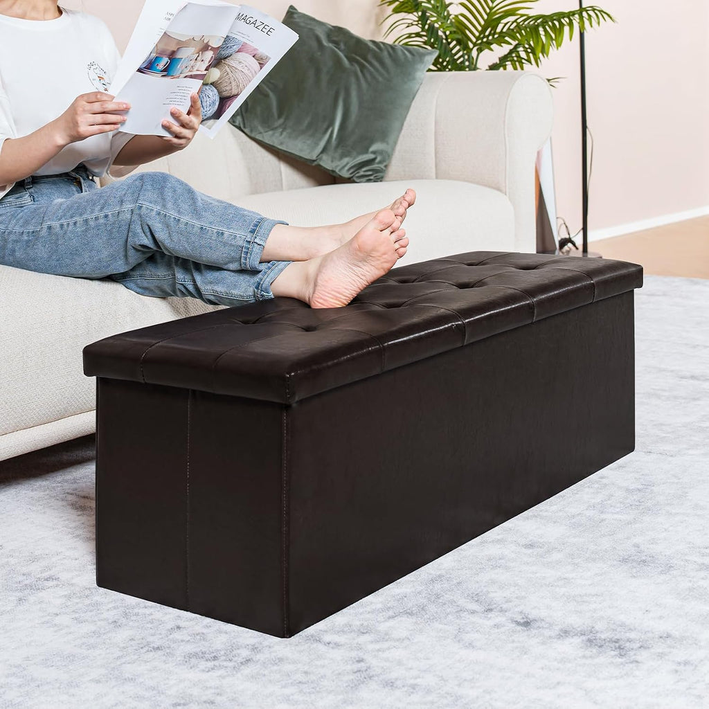 PINPLUS Folding Storage Ottoman Bench, Brown Faux Leather | Storage Chest with Comfortable Seat, Footrest Stool and Bench for Bedroom, Hallway and Living Room, 43.3 Inch
