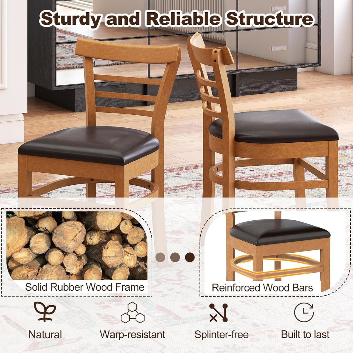 KOTEK Wooden Dining Chairs Set of 2, Solid Rubber Wood Kitchen Chairs with PU Leather Cushioned Seat and Curved Backrest, Armless Side Chairs for Dining Room, Living Room (Brown & Black)