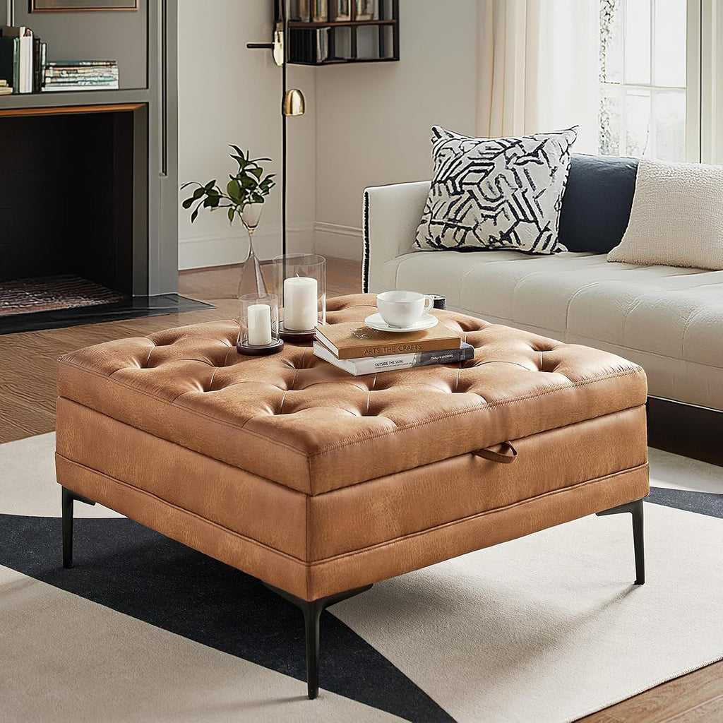 HULALA HOME Tufted Faux Leather Coffee Table, Camel | 36.5" Square Storage Ottoman with Metal Legs, Large Upholstered Ottoman for Couch and Living Room