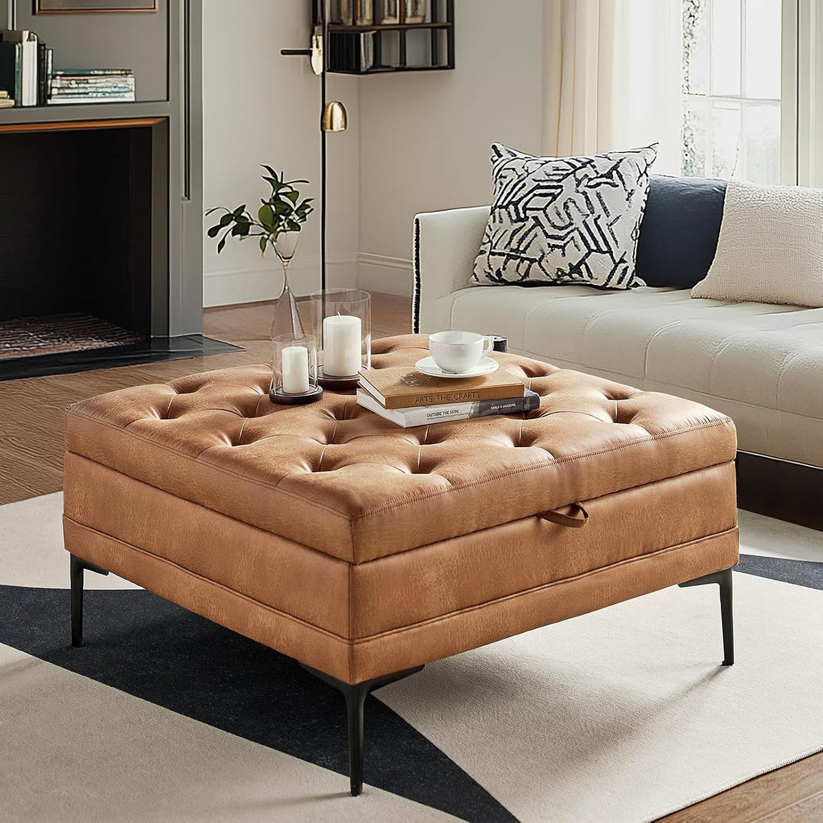 HULALA HOME Tufted Faux Leather Coffee Table, Camel | 36.5" Square Storage Ottoman with Metal Legs, Large Upholstered Ottoman for Couch and Living Room