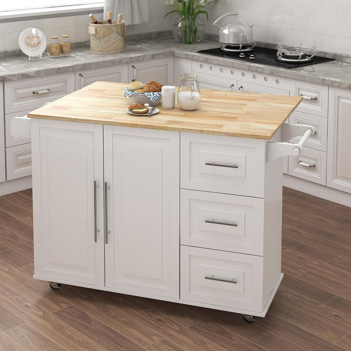 Kitchen Island with Spice Rack, Towel Rack and Extensible Solid Wood Table | Includes extensible solid wood table top and three drawers with cabinet door