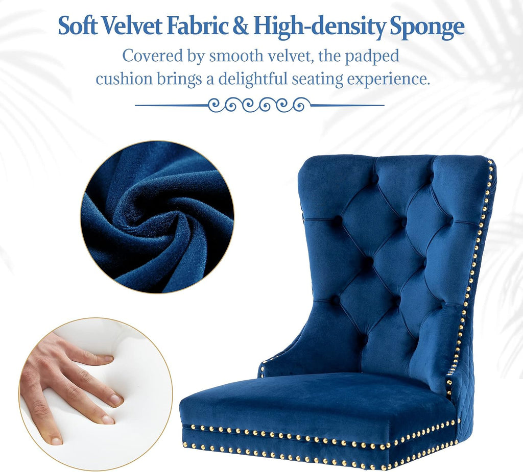 Dining Chairs Set of 6, High-end Back Lion Head Ring with Rhomboid Pattern | Elegant Button Tufting, Add Luxury to Dining Room, Bedroom, or Living Space, Durable Easy-clean Blue Velvet, Gold Legs