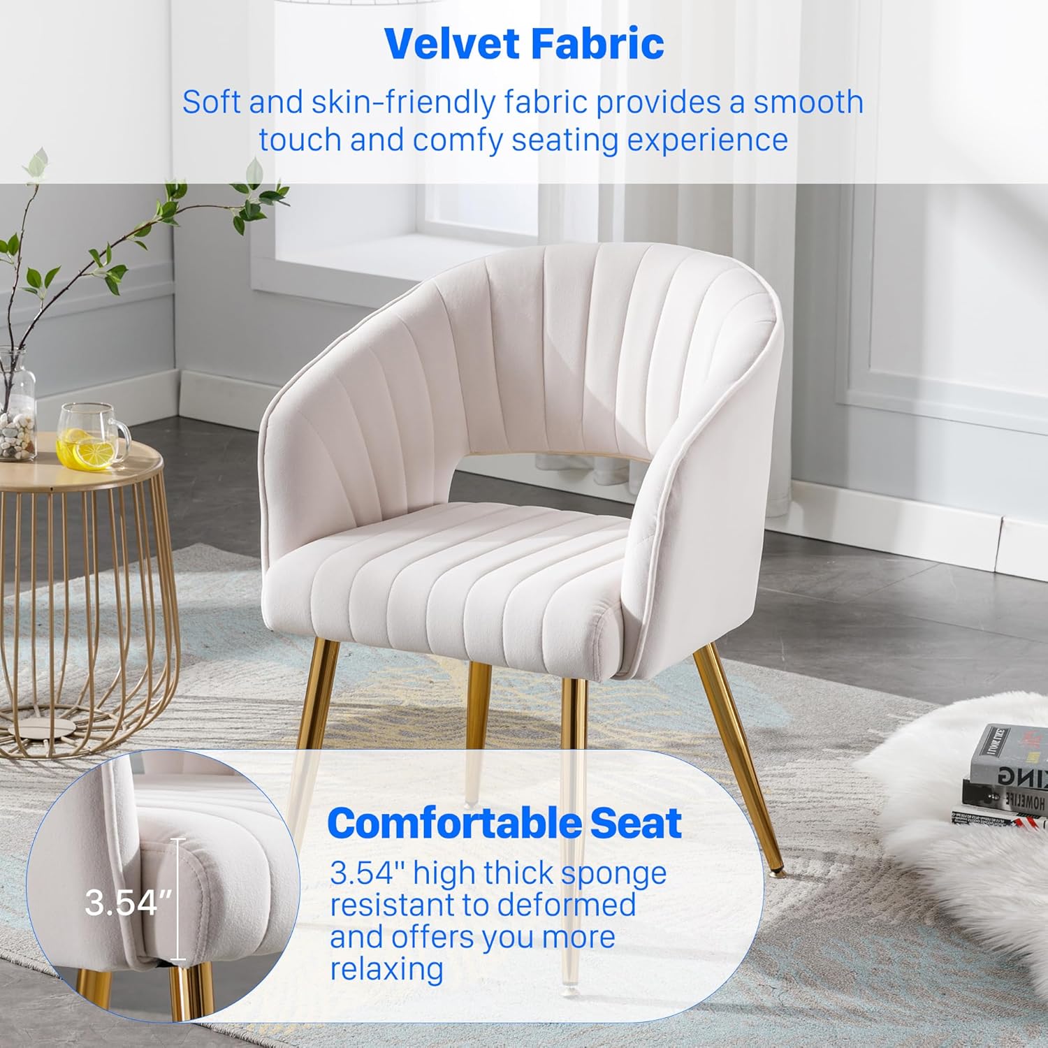 KCC Modern Velvet Desk Chair Accent Armchair Upholstered Tufted Chairs Dining Chairs, Tufted Vanity Chair Side Chairs with Gold Metal Legs for Dining Room Living Room Restaurant,1 PC &Cream