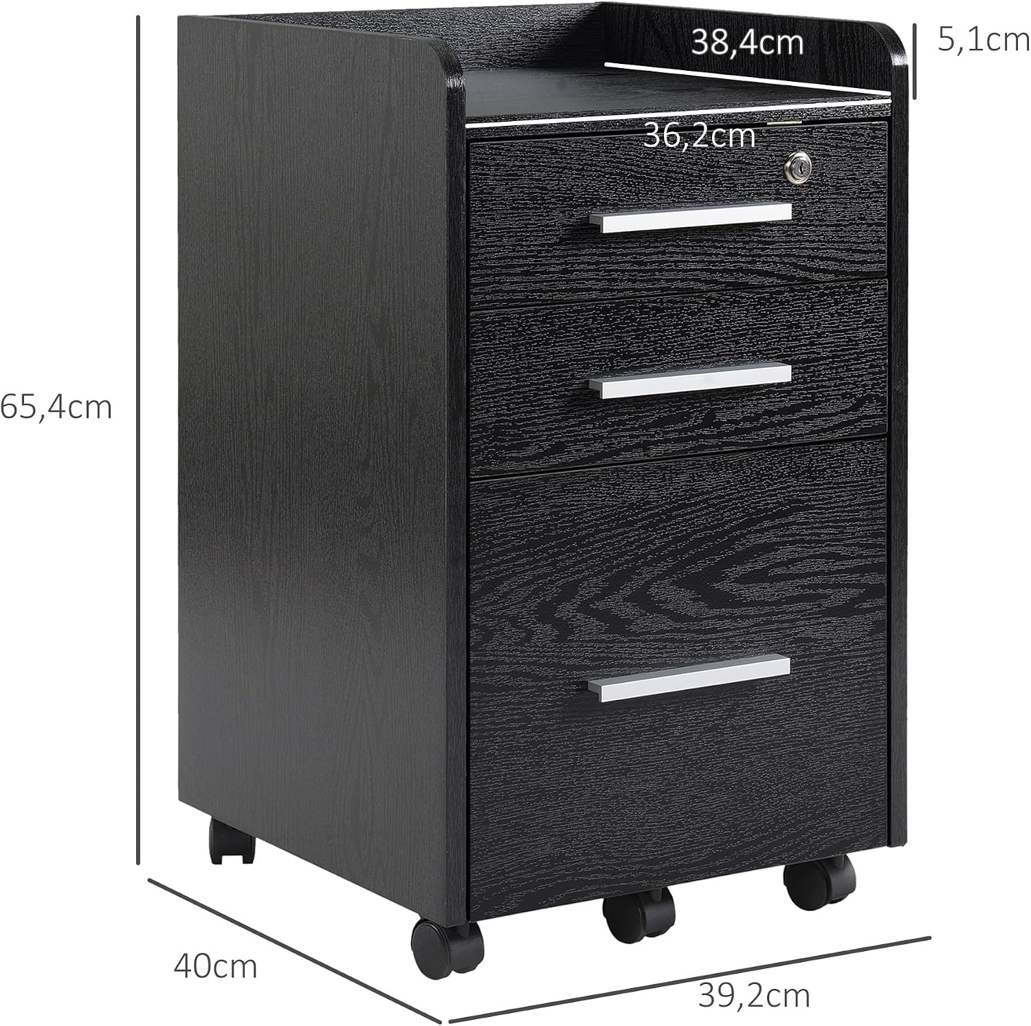 HOMCOM Office Desk Storage Cabinet on Wheels 3 Drawers 1 Lockable 1 Sorter File Folder Wooden Black