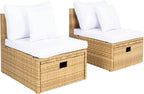 SAFAVIEH Outdoor - Pramla Settee and Ottoman Set - Natural & White - Steel Frame with Cushion - Coastal Storage Design - Ideal for Patio, Deck, Porch, Backyard (PAT7515D)