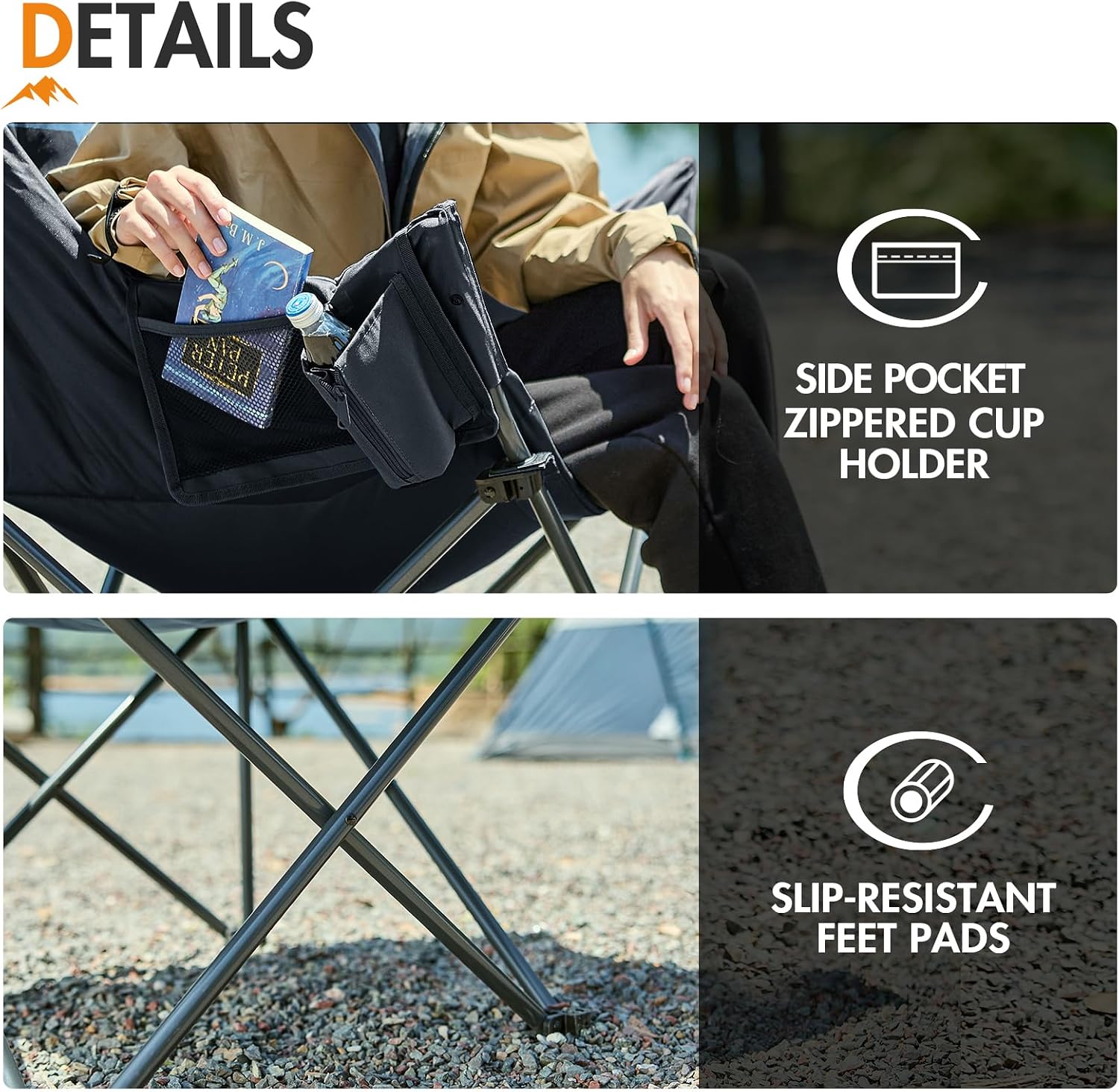 Portal 33" Oversized 2 Pack Padded Camping Chair - Heavy Duty Folding Chair with Cup Holder & Side Pocket, Supports 350 lbs, for Camping, Lawn, Sports, Black