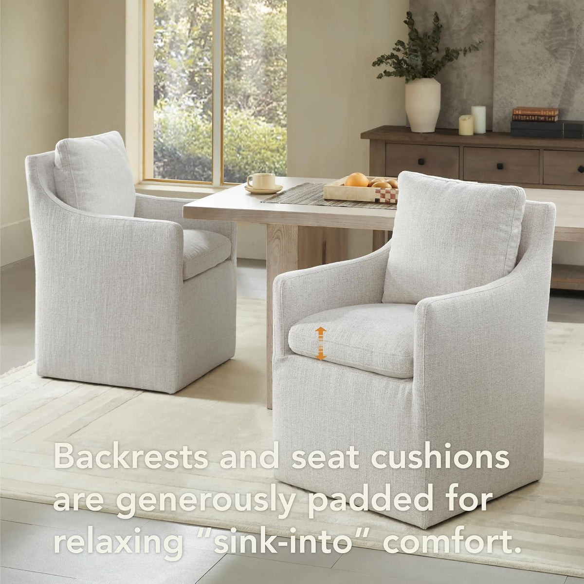 KISLOT Upholstered Dining Chairs with Casters, No Assembly Modern Accent Armchair with Rollers for Dining Room, Bedroom, Living Room, Reading Room, Already Assembled, Linen, 4 Box