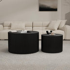 Round Wood Coffee Table Set of 2 Modern Round Fluted Nesting Coffee Tables Handcrafted Wooden Circle Nesting Table for Living Room for Small Space (Black (D27.56+D19.69 inch))