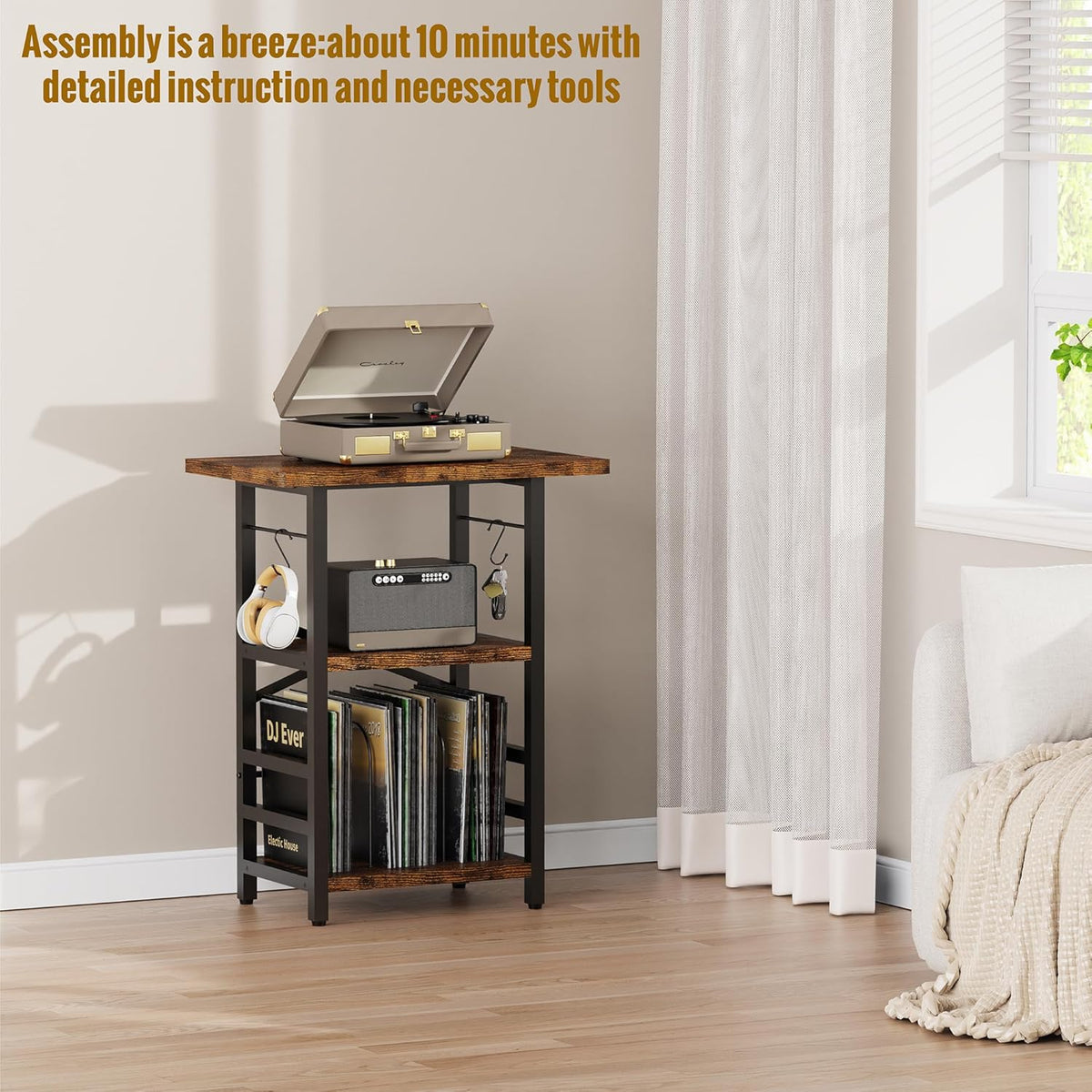 YAKANJ Record Player Stand with Extended Desktop,Large Record Player Table with Vinyl Storage,Tall Turntable Stand with Record Holder Vinyls Display Shelf for Music Room Studio, Rustic Brown