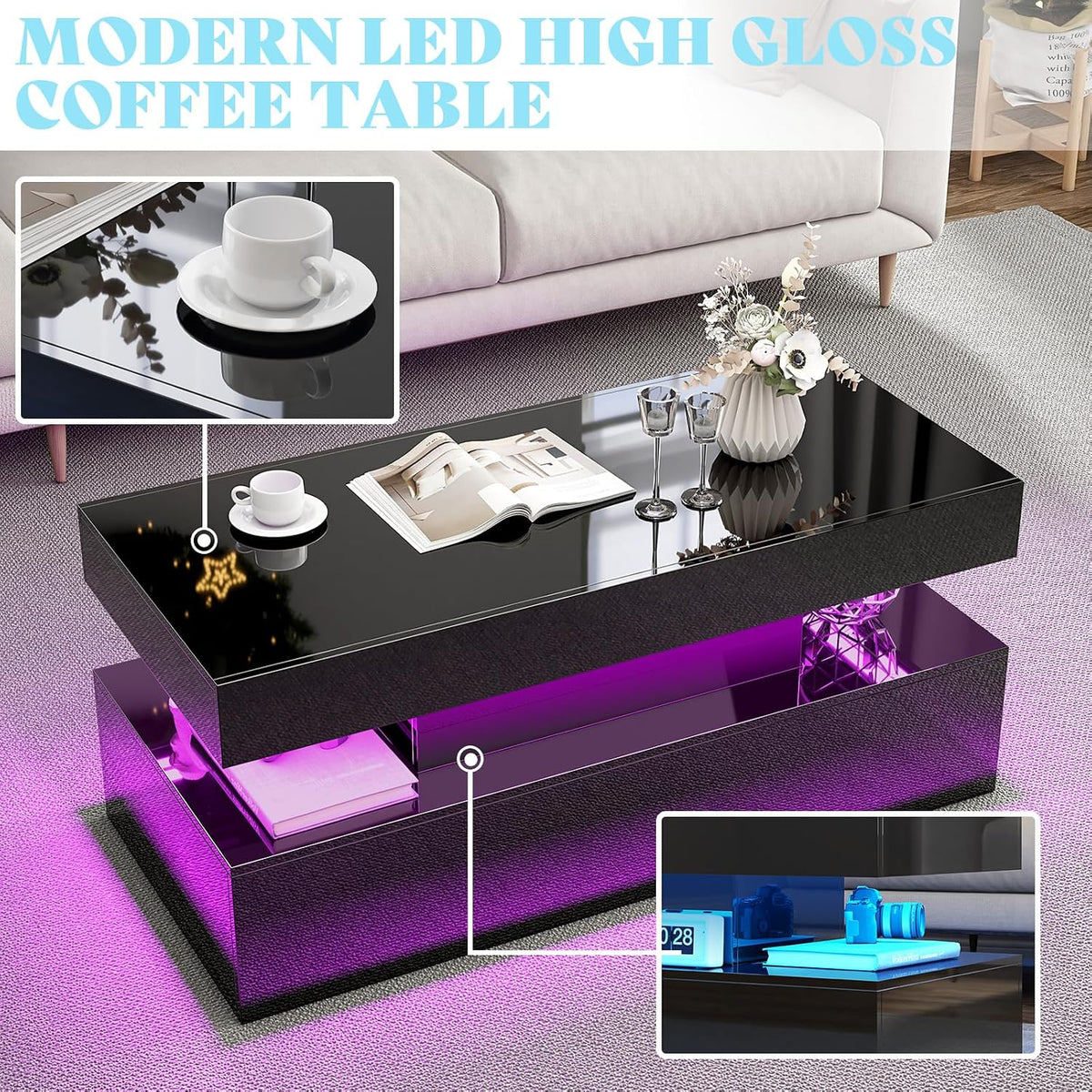 VanAcc 3-Piece Modern Living Room Table Sets, 70" Modern LED TV Stand with 36" Electric Fireplace, High Gloss Coffee Tables for Living Room, Black & White