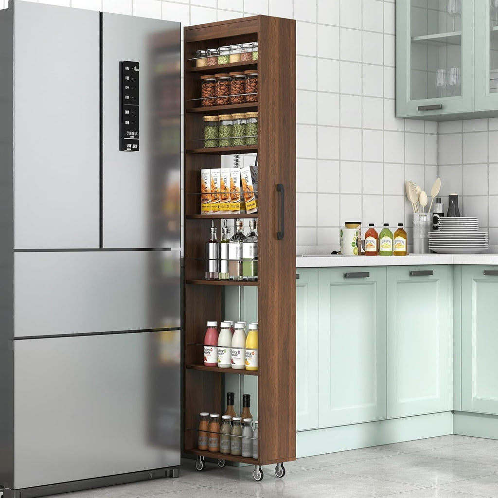 KEIKI 7 Tier Pull-Out Kitchen Pantry Storage Cabinet, Multi-Tier Single-Sided Open Shelf, Spice Rack Next to Fridge, Wood Hutch Food Pantries Cupboard for Coffee Bar, Dining Room, Narrow Spaces