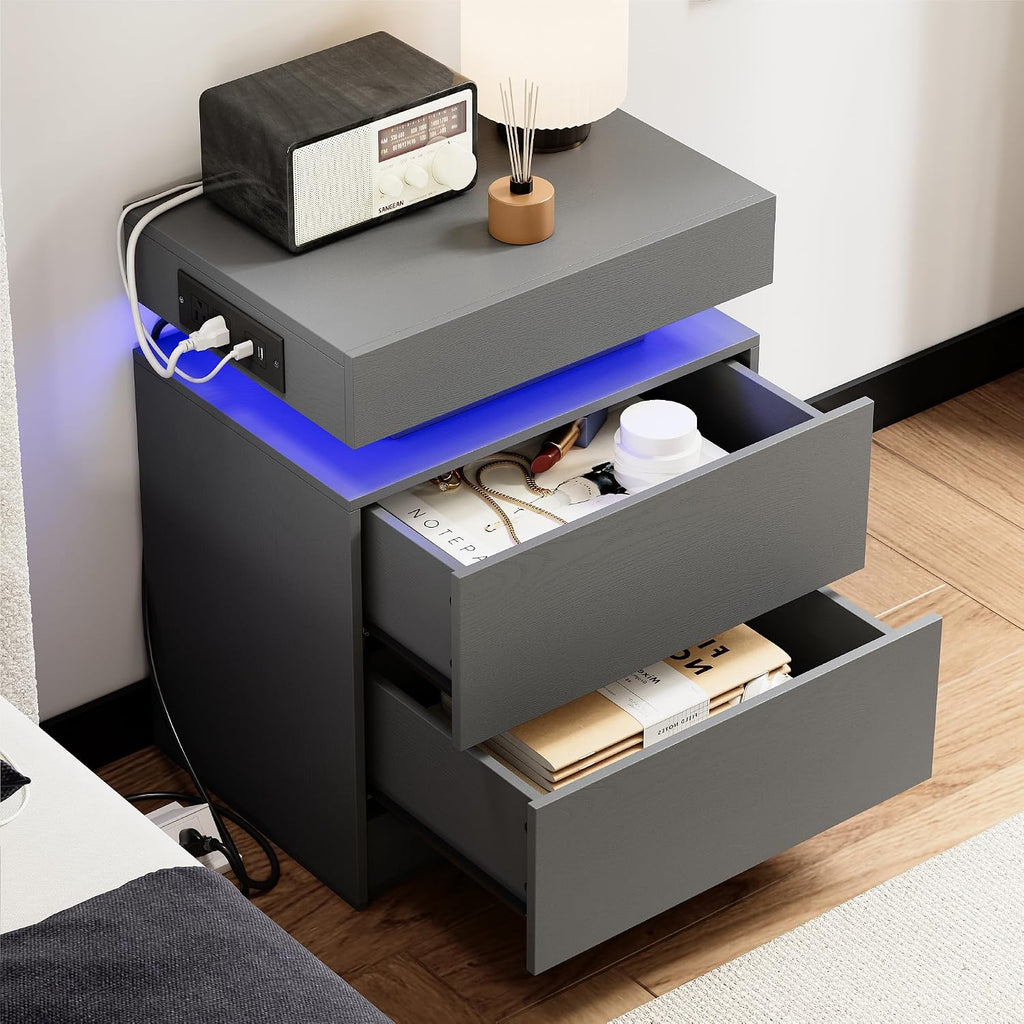 LIKIMIO Nightstand with Charging Station LED Light and 2 Drawers Grey | charging station; LED light; 2 smooth glide drawers; 13.8 D x 18.9 W x 23.6 H in; Grey wood grain