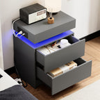 LIKIMIO Nightstand with Charging Station LED Light and 2 Drawers Grey | charging station; LED light; 2 smooth glide drawers; 13.8 D x 18.9 W x 23.6 H in; Grey wood grain