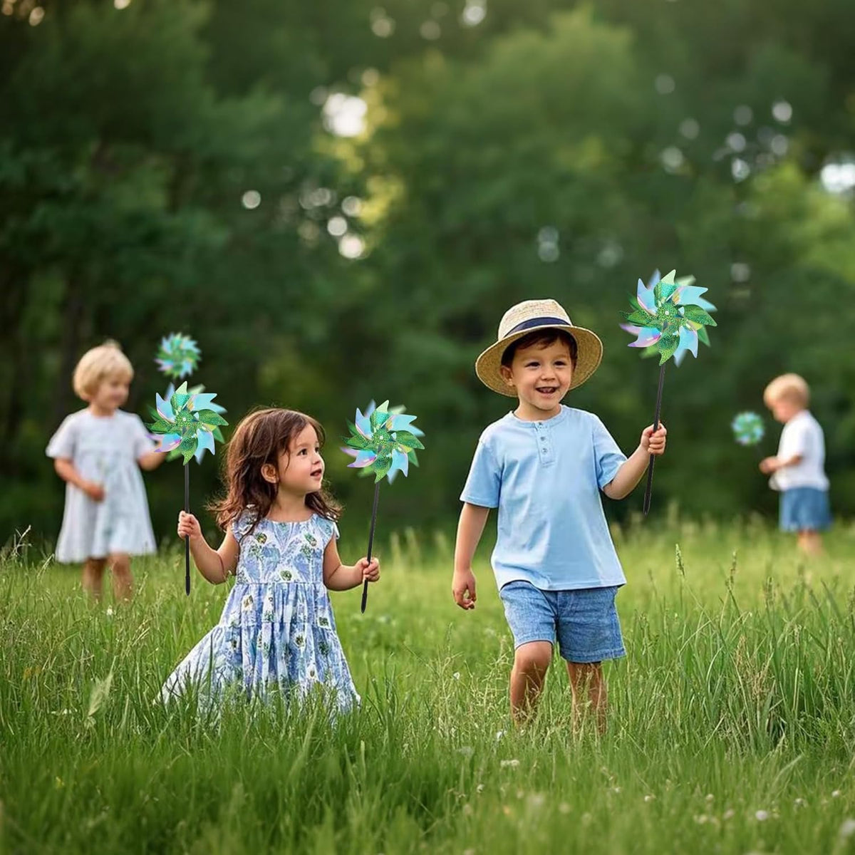 winemana 12 Pcs Reflective Pinwheels Outdoor, Wind Spinners for Yard & Garden, Sparkly Bird Repellent Windmill Scare Birds Away, Deterrent Devices for Outside Patio Lawn Spring Decor (Green)
