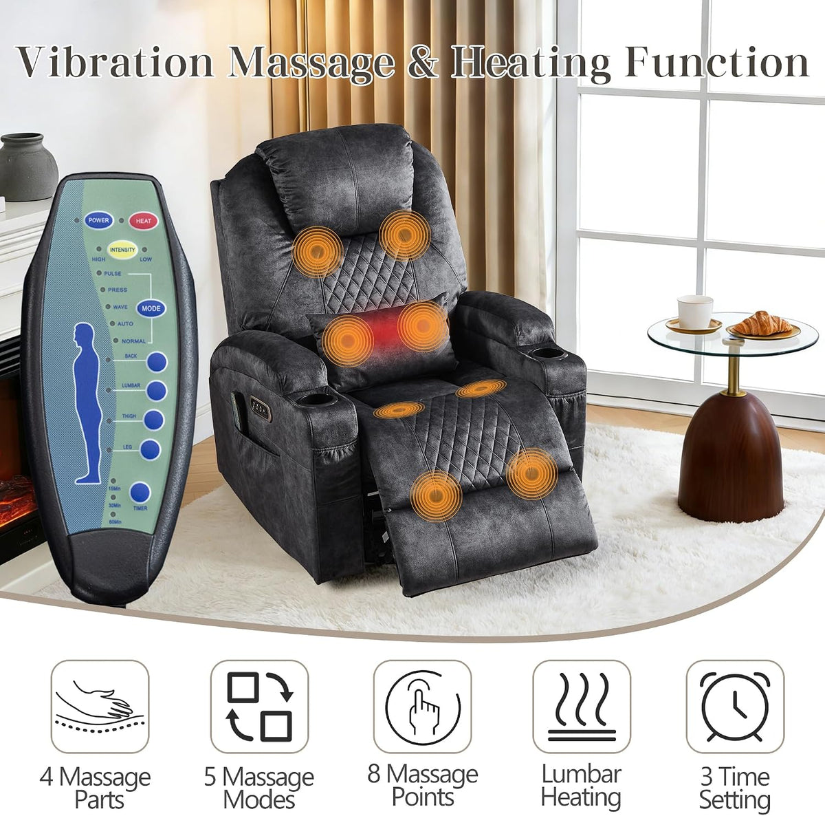 AHMED Dual Motor Power Swivel Rocker Recliner Chair, Velvet Grey | Electric Glider Rocking Chair, Massage & Heat, Cup Holders, LED Lights, USB A/USB C Ports