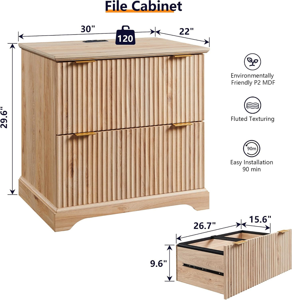 30"File Cabinet W/Charging Station, w/Files Hanging Rod for Letter/Legal/A4 | 2 Drawer File Cabinet, Large Tabletop for Printer, Office Wood Printer Cabinets, Oak
