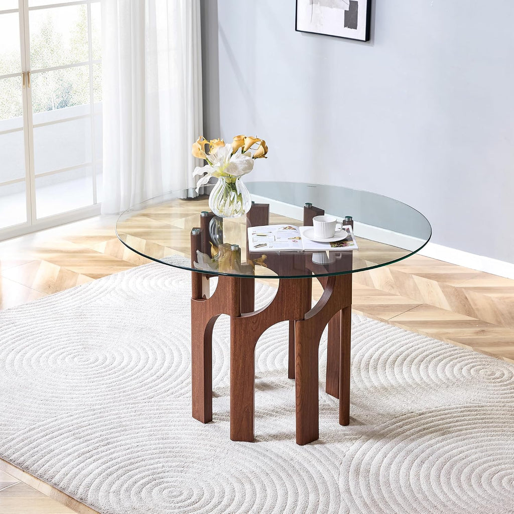 46" Round Tempered Glass Dining Table for 4-6, Mid-Century Modern Glass Dining Room Table with MDF Sculptural Base, Clear Kitchen Dinner Table for Small Space Home Apartment Dining Room,Walnut