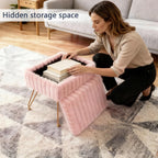 Vanity Stool Chair with Storage, Faux Fur Soft Padded Ottoman with Coffee Table, Modern Vanity Chair Fluffy Footstool with Metal Legs for Makeup, Living Room, Bedroom Pink