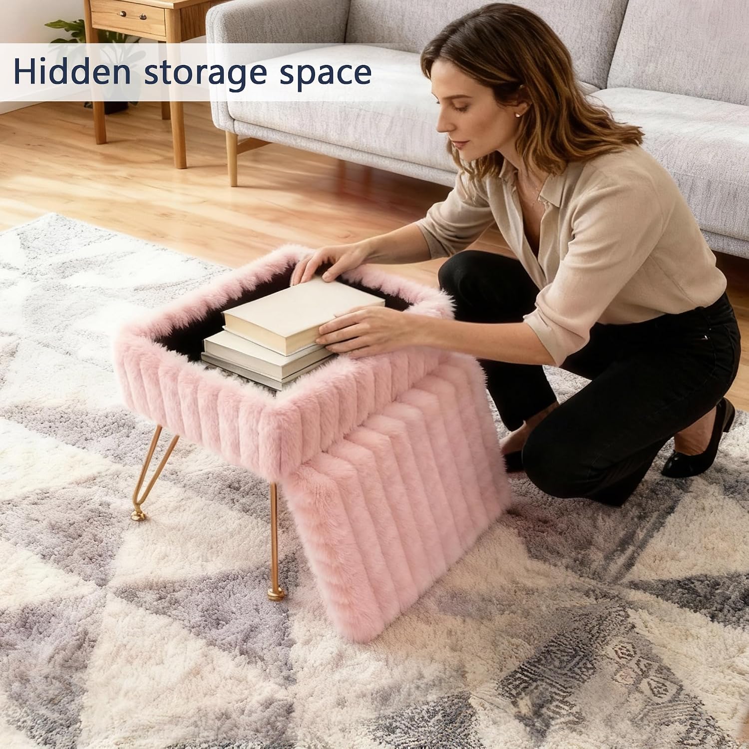 Vanity Stool Chair with Storage, Faux Fur Soft Padded Ottoman with Coffee Table, Modern Vanity Chair Fluffy Footstool with Metal Legs for Makeup, Living Room, Bedroom Pink