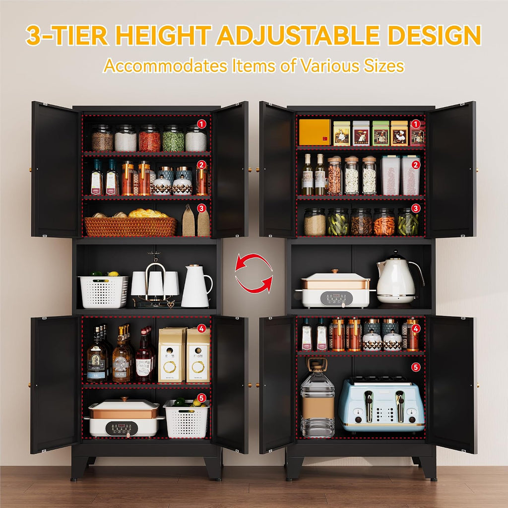 YAUWOH 69" Tall Metal Pantry Cabinet with Microwave Shelf, 4 Doors & 3 Adjustable Shelves, 120LBS Per Shelf Heavy Duty Storage Cabinet with Anti-Tip Design for Kitchen,Dining Room (1PC,Black)