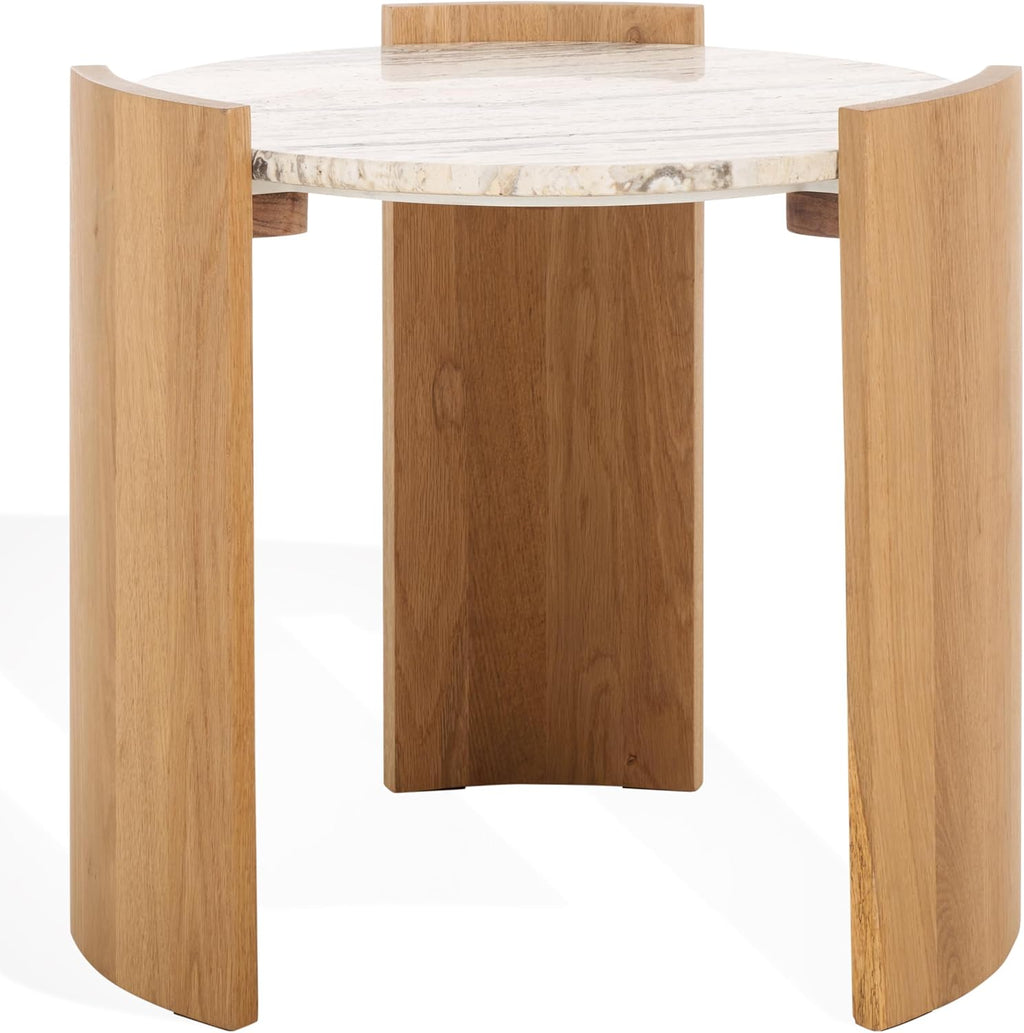 SAFAVIEH Couture Collection - Damarcus Travertine & Solid Wood Accent Table, Round Top, Classic Sculptural Design (SFV9705A)