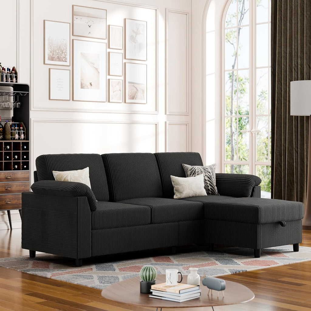 Vongrasig Convertible Sectional Couches, 3 Seat L Shaped Couch Sofa with Removable Pillows Soft Corduroy Fabric Small Couch Mid Century for Living Room, Apartment and Office (Black)
