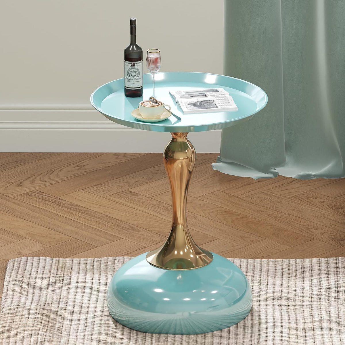 1-Pack Light Green Sleek Hourglass Side Table - Glossy Finish & Metallic Base | Contemporary Accent End Table for Living Room, Cafe & Home Decor Spaces