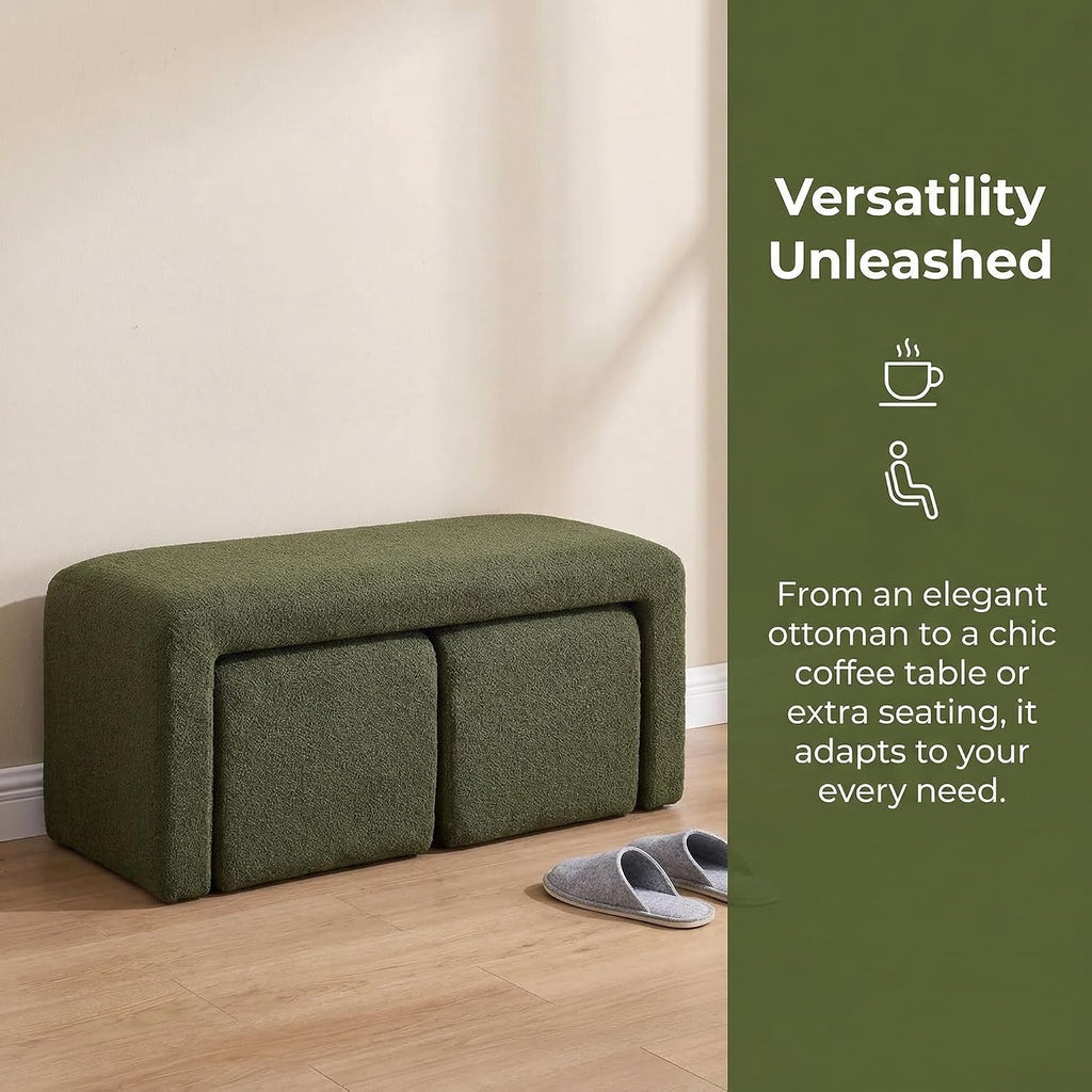LukeAlon 3-Piece Nesting Ottoman Bench Set, 40.5" Wide Upholstered End of Bed Bench with 2 Small Stools Sherpa Comfy Entry Bench Vanity Stools Modern Arched Bench for Living Room Bedroom, Green