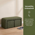 LukeAlon 3-Piece Nesting Ottoman Bench Set, 40.5" Wide Upholstered End of Bed Bench with 2 Small Stools Sherpa Comfy Entry Bench Vanity Stools Modern Arched Bench for Living Room Bedroom, Green