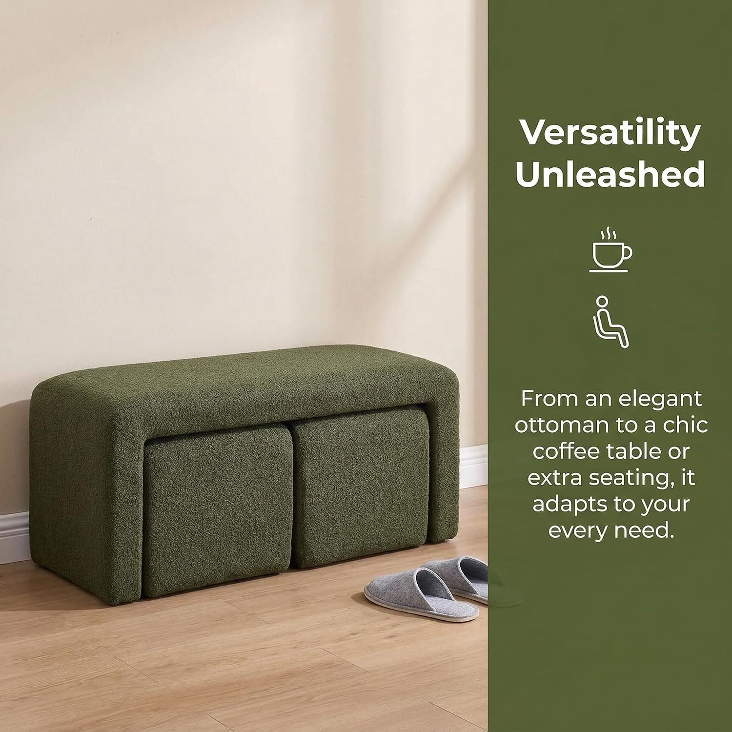 LukeAlon 3-Piece Nesting Ottoman Bench Set, 40.5" Wide Upholstered End of Bed Bench with 2 Small Stools Sherpa Comfy Entry Bench Vanity Stools Modern Arched Bench for Living Room Bedroom, Green