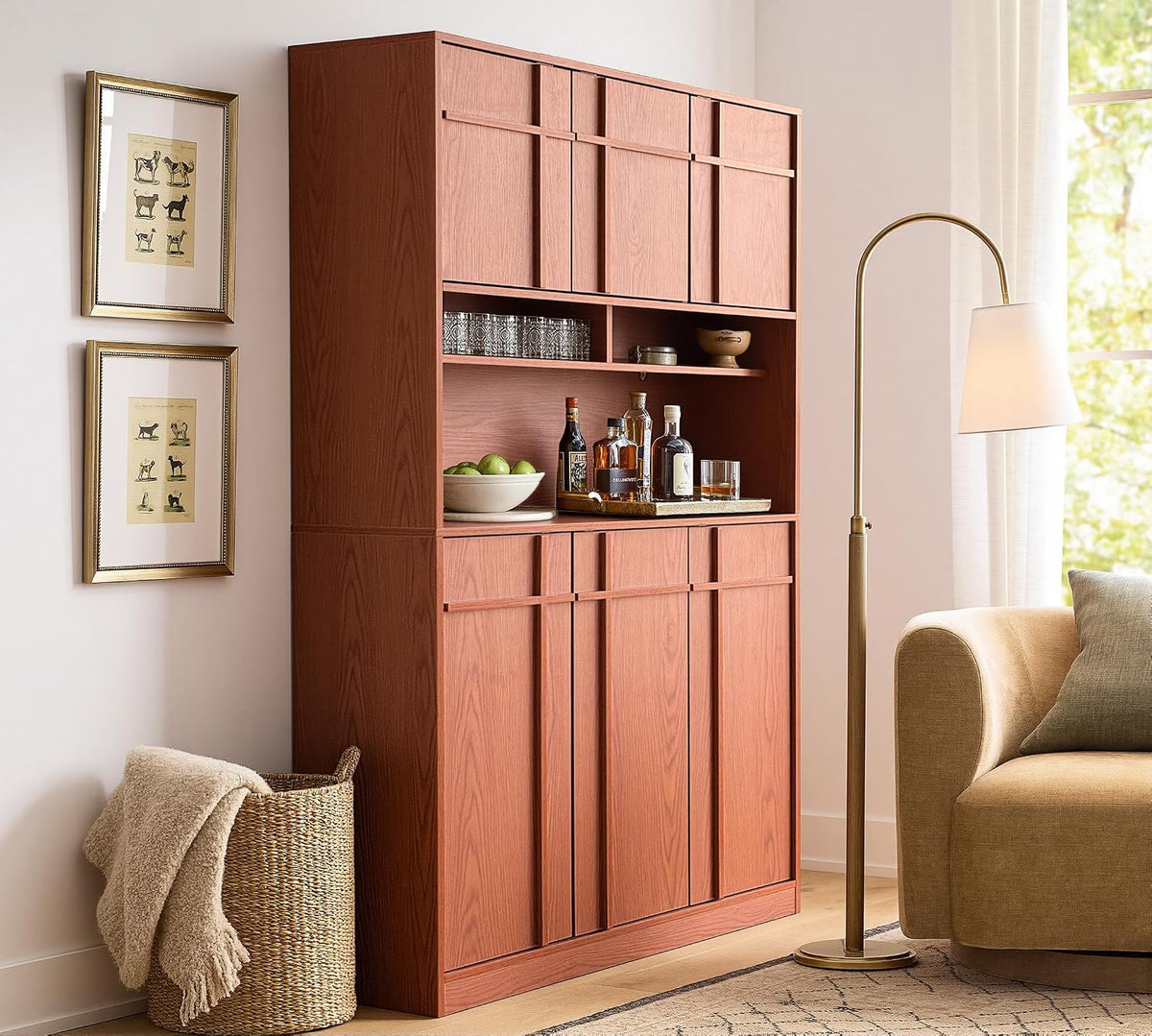 72" Pantry Cabinet, Tall Kitchen Pantry Storage Cabinet with Countertop, Adjustable Shelves, Mid Century Modern Wooden Kitchen Hutch with Skeleton Lines for Living Room, Dining Room, Cherry