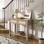 Boho Chic Console Table with 2 Rattan Drawers and Open Shelf Storage, Narrow Farmhouse Sofa Table for Small Space Entryway, Living Room,Hallway, Caramel Oak
