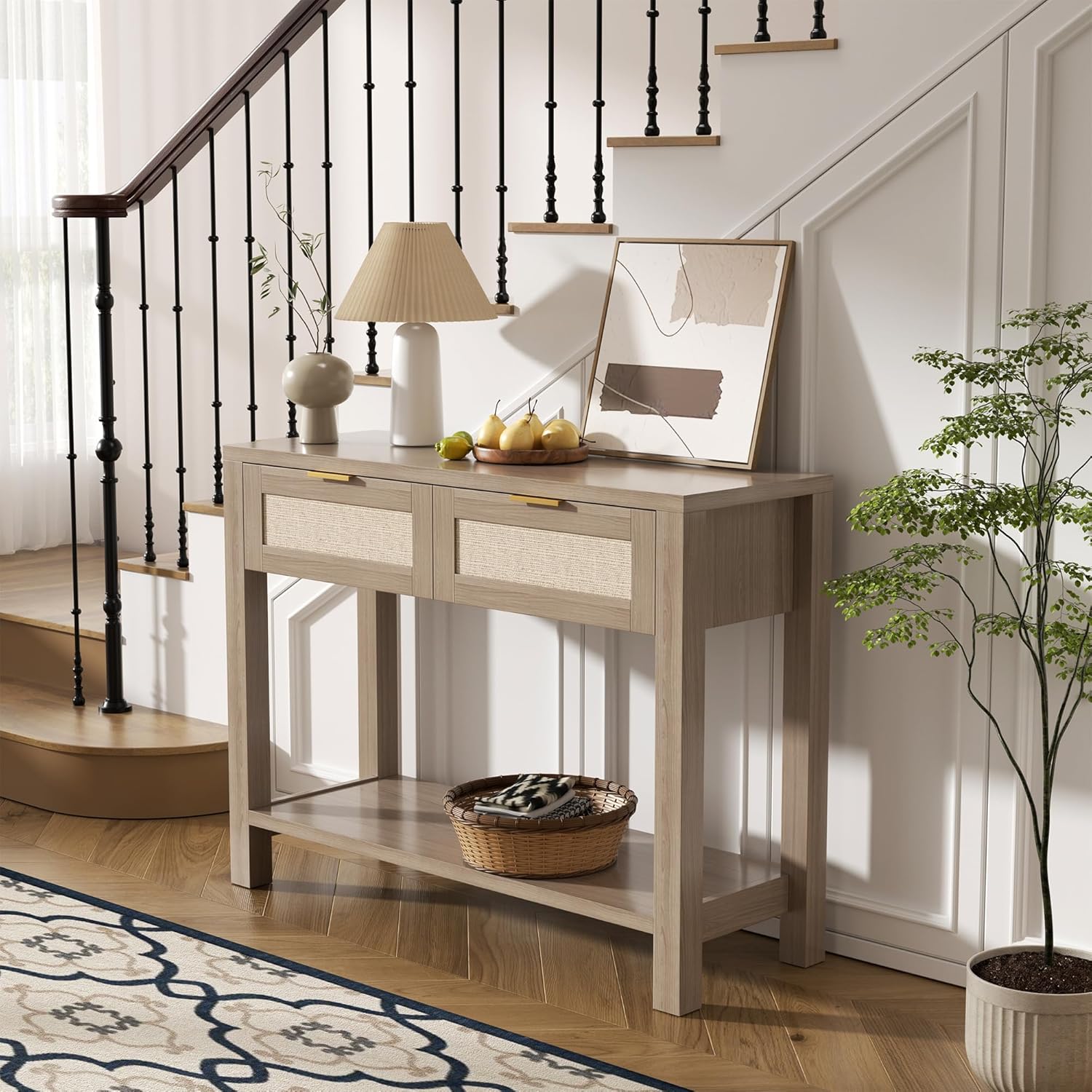 Boho Chic Console Table with 2 Rattan Drawers and Open Shelf Storage, Narrow Farmhouse Sofa Table for Small Space Entryway, Living Room,Hallway, Caramel Oak