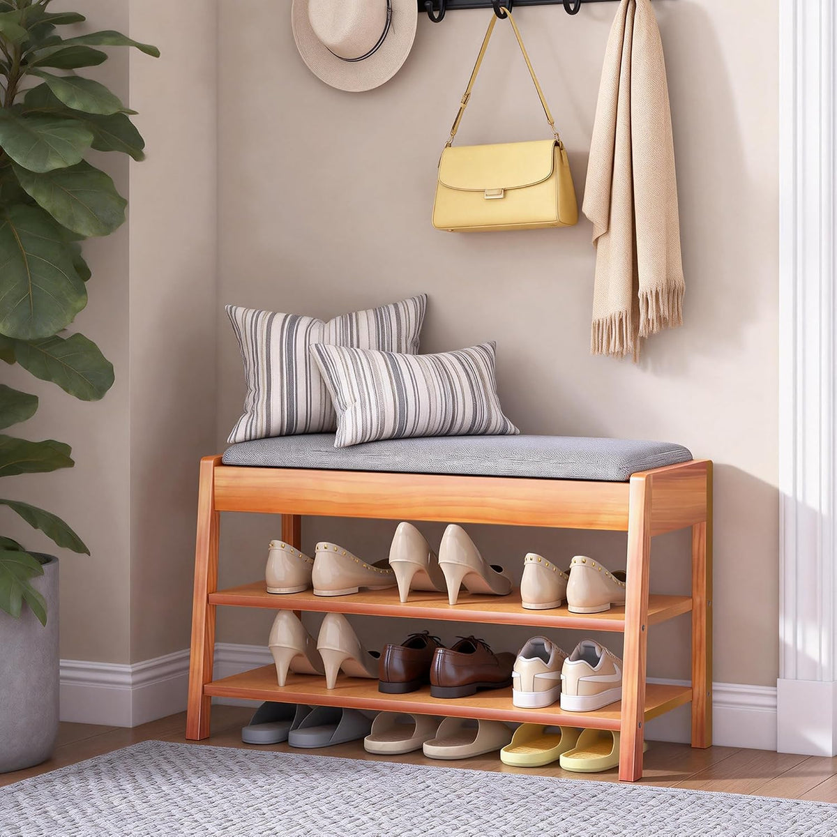 Shoe Rack Bench with Storage, 2-Tier Entryway Bench with Cotton-Linen Cushion, Flip-Open Solid Wood Storage Organizer for Hallway, Living Room, Bedroom, 31.5”