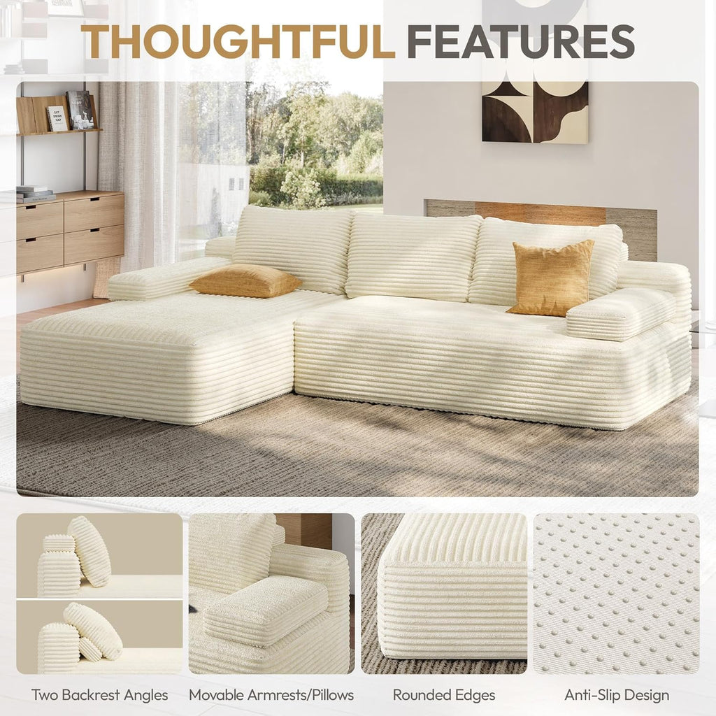 Yaheetech 110" Sectional Sofa Couch with Chaise, Beige | Sectional Sofa Cloud Couch Corduroy Modular L-Shape Couch No Assembly Sofa with Detachable Pillow for Living Room Guest Room