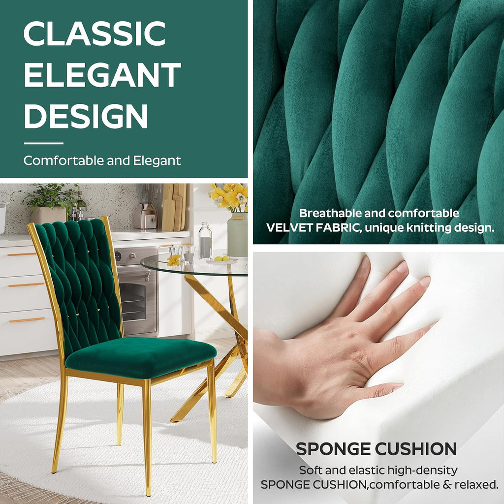 Velvet Dining Chairs Set of 6, Woven Upholstered Dining Chairs with Gold Metal Legs, Modern Accent Chairs for Living Room, Dining Room, Kitchen(Green)