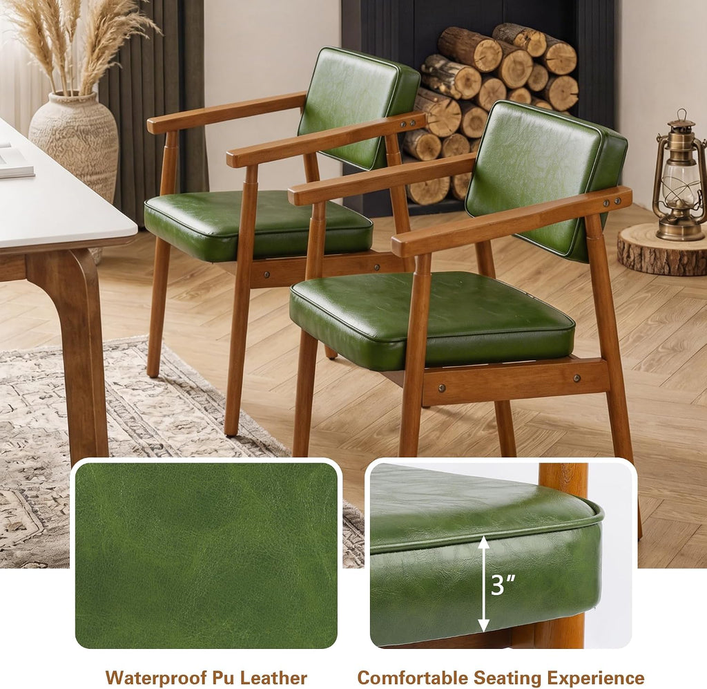 LSSPAID Mid Century Dining Chairs with Wooden Handrail, Pu Upholstered Armchair Comfy Backrest Modern Kitchen Chairs for Bedroom Living Room Dining Room, Green, Set of 1