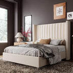 Jocisland Queen Size Bed Frame Velvet Upholstered Wingback Headboard, Cream