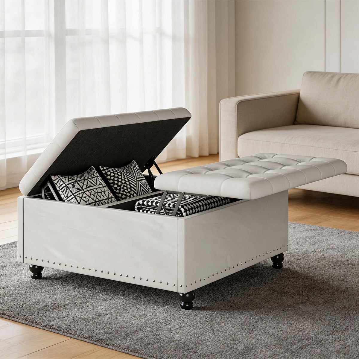 FUXA 35" Large Square Ottoman with Storage and Lift Top, Wood Legs, Beige | Oversized Coffee Table, Tufted Upholstered Bench, Sturdy Construction, for Living Room