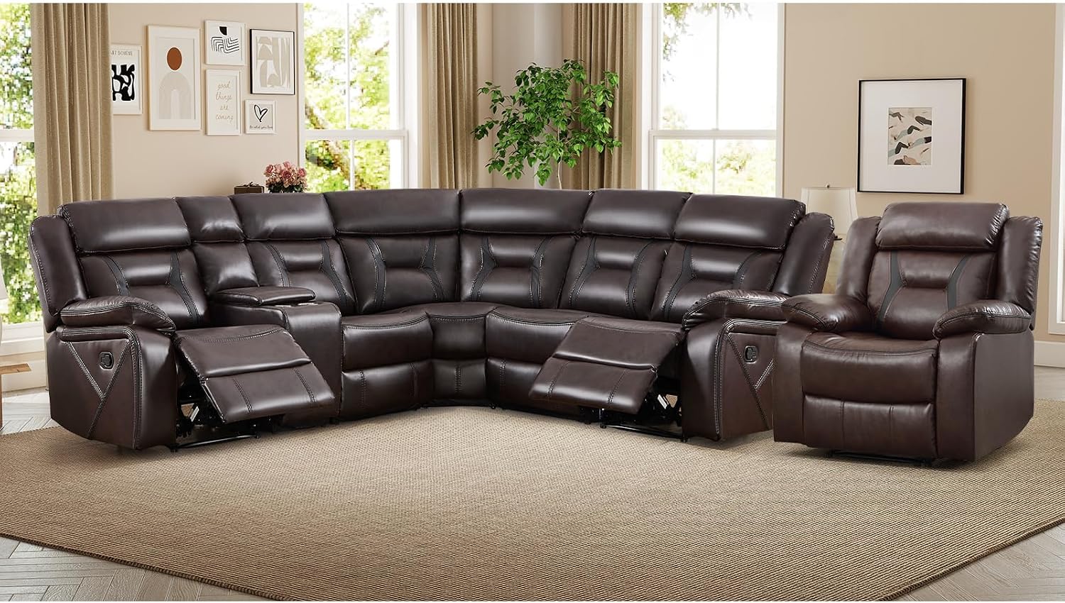 EBELLO Faux Leather Reclining Sectional Sofa Set for Living Room, 1 Recliner Chair and L-Shaped Corner Manual Recliner Sofa Home Furniture Set with Center Console, Cup Holders and Storage, Dark Brown