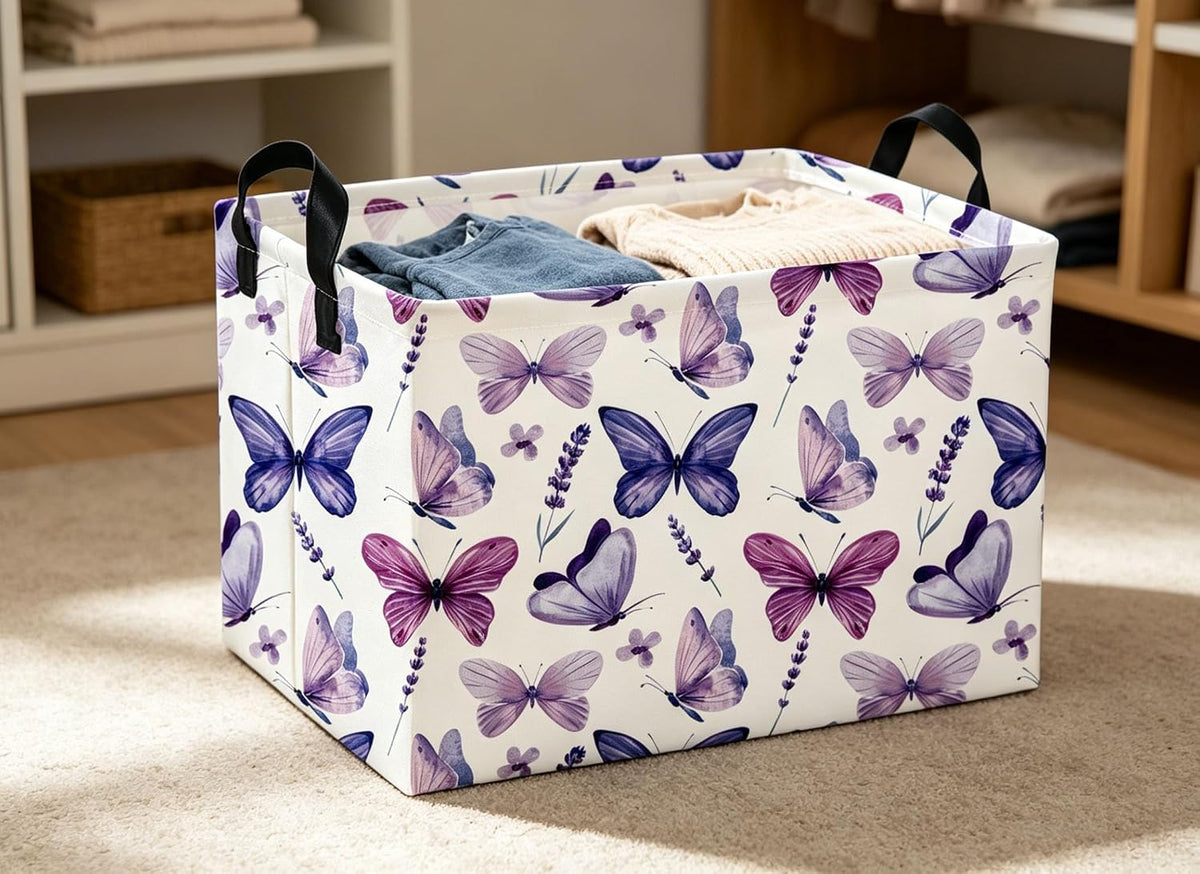 Rectangular Butterfly Baskets Storage Bins Organizer Box Room Decor for Home(Purple Butterfly)