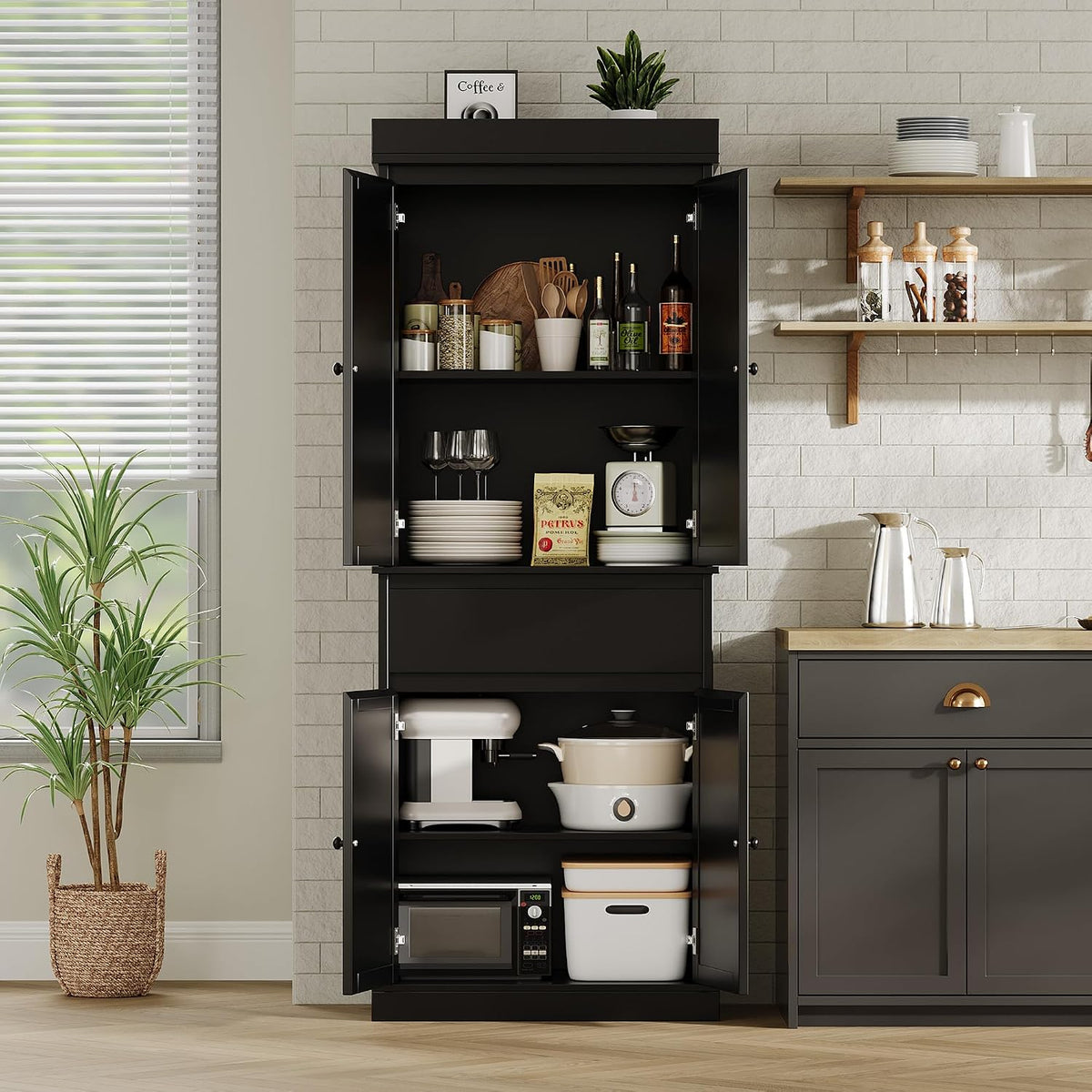 69 Inch Tall Pantry Cabinet , Slim Wood Storage Cupboard with Adjustable Shelves, Rattan Doors and Drawer, Freestanding Kitchen Organizer, Bathroom Linen Cabinet for Dining Room and Laundry Room