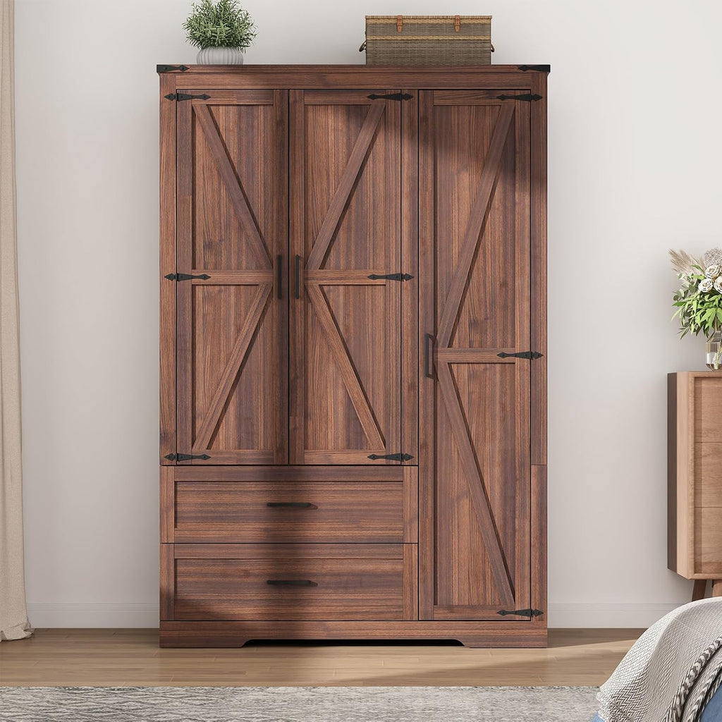 Hlivelood 3 Doors Wardrobe Armoire Closet with Doors and Drawers, Farmhouse Wooden Armoire Storage Cabinet with Shelves & Hanging Rod for Bedroom, Brown