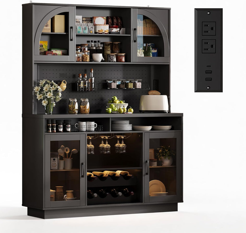 IPKIG 71" Kitchen Pantry Cabinet with Charging Station, Kitchen Hutch Storage Cabinet with LED Lights, Pantry Organizers and Storage with Anti-Tip Device for Dining Room, Black
