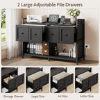 Filing Cabinet for Home Office, 43" Wood File Cabinet with Power Outlet, 2 Drawers, 2 Open Storage Shelves, Black Lateral File Storage Fits Legal/Letter/A4 Size, Printer Stand with Bookshelf Organizer