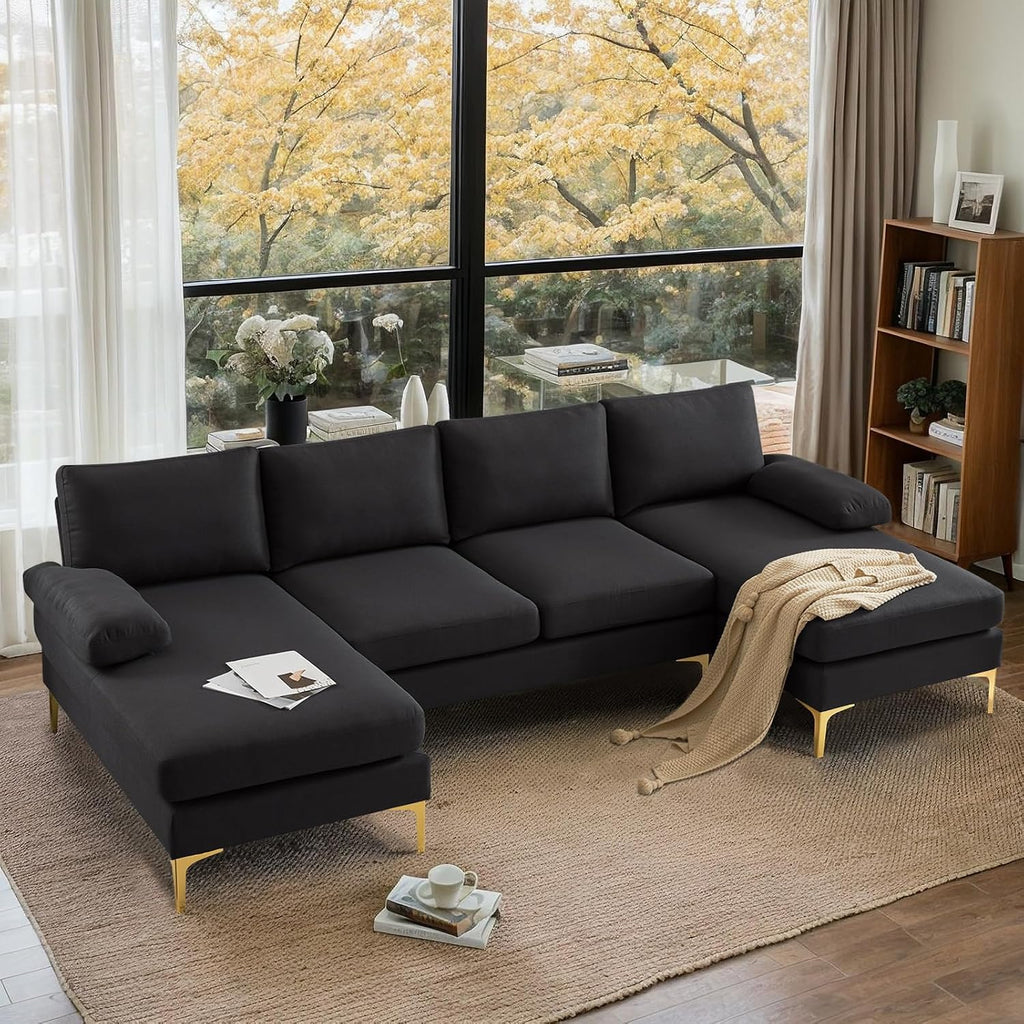 VINGLI 110" Modern Sectional Couch with 51" D Double Chaise, Black Deep Seat U Shaped Couch with Removable Pillows & Metal Legs, Comfy 4-Seat Sofas for Living Room, Linen Fabric