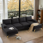 VINGLI 110" Modern Sectional Couch with 51" D Double Chaise, Black Deep Seat U Shaped Couch with Removable Pillows & Metal Legs, Comfy 4-Seat Sofas for Living Room, Linen Fabric