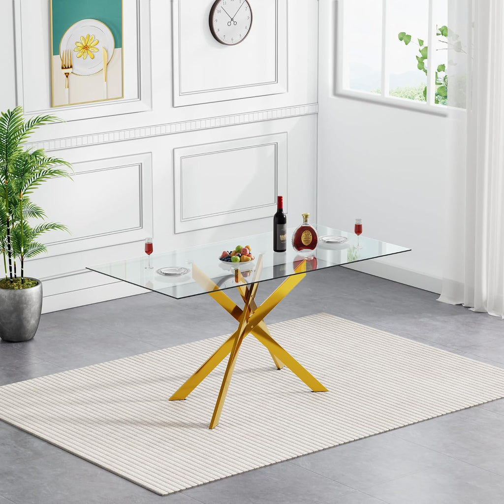 Gold Glass Dining Table for 4 Modern 51.2" Rectangular Kitchen Dining Room Table for 4 with X-Shape Metal Base Large Clear Glass Top Dining Tables for Home Kitchen
